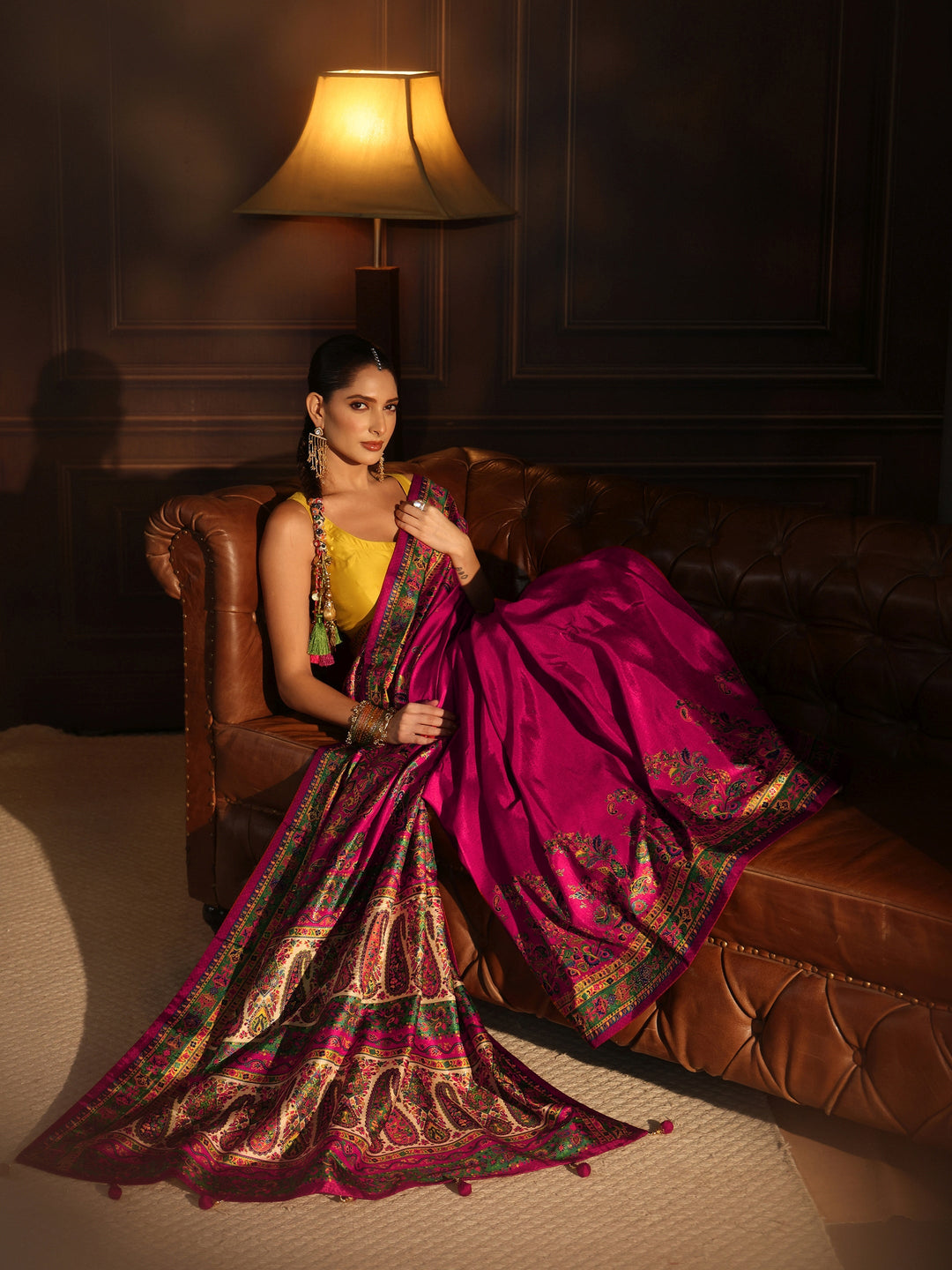 Libas Rani Pink Printed Silk Blend Saree with Paisley Pallu