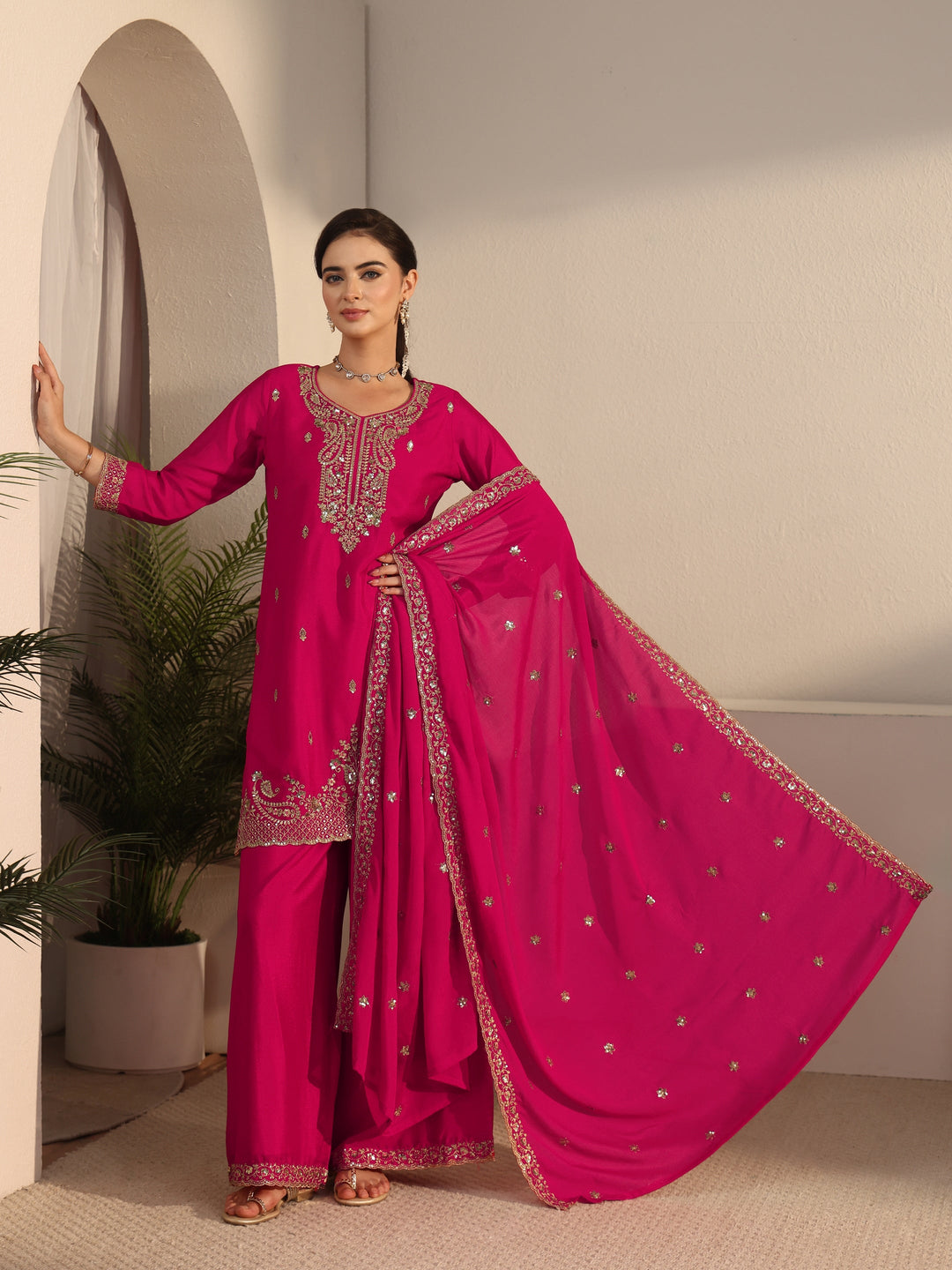 Libas Rani Pink Sequin Embellished Chinon Palazzo Suit Set