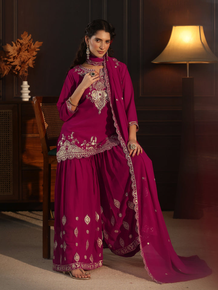 Libas Rani Pink Sequin Embellished Georgette Sharara Suit Set