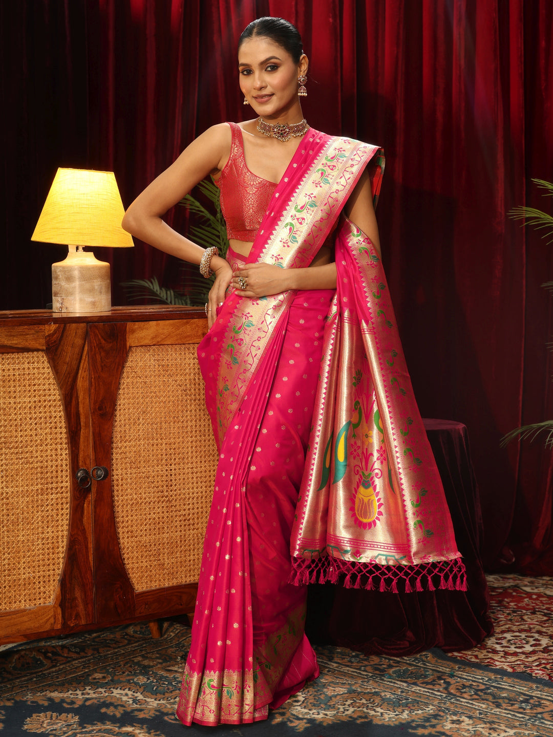 Libas Rani Pink Silk Blend Paithani Tassel Saree