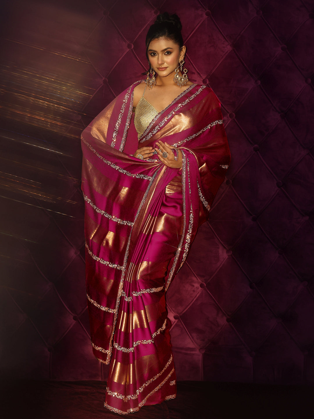 Libas Rani Pink Striped Embellished Silk Saree