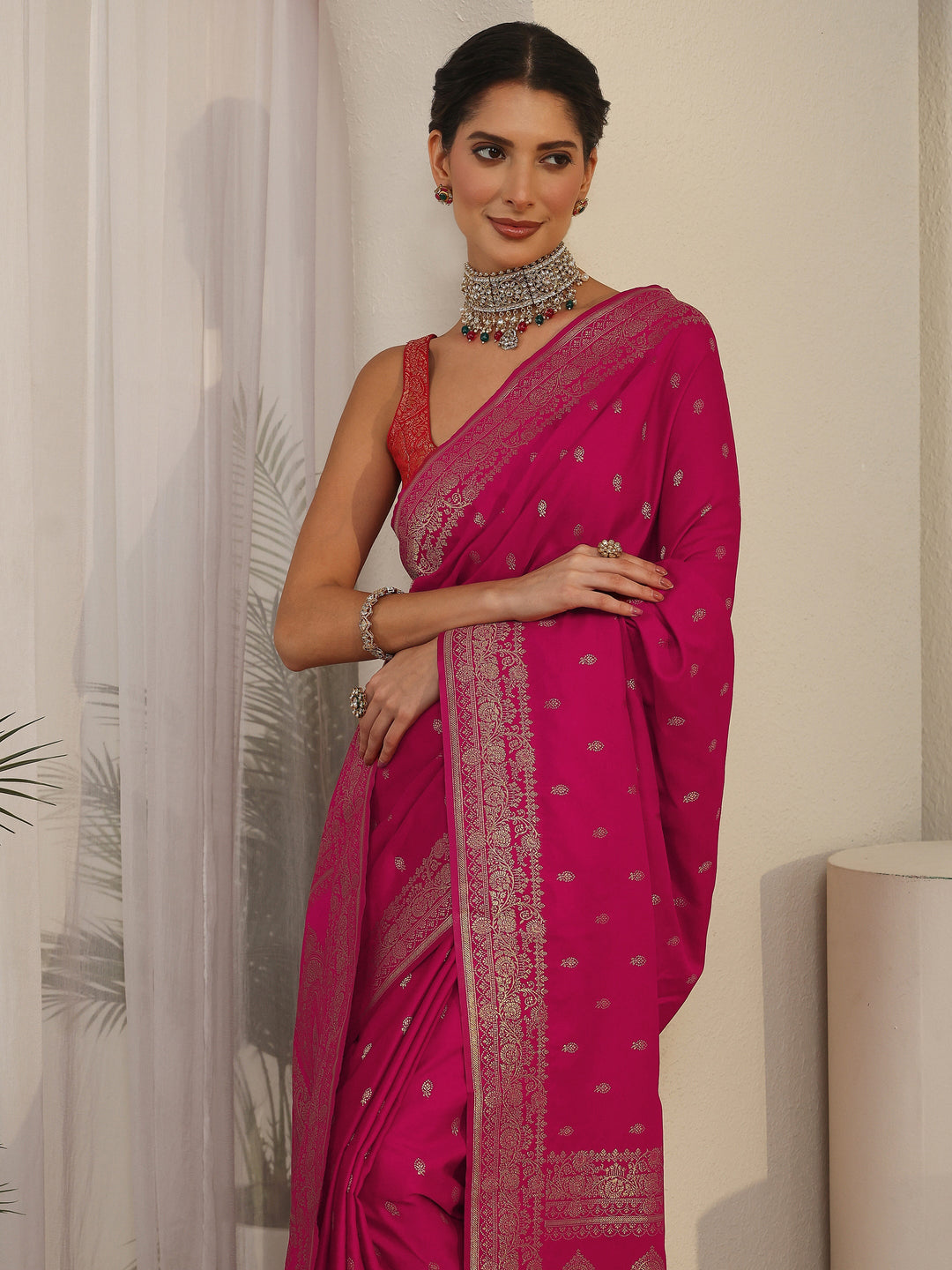 Libas Rani Pink Woven Design Satin Saree