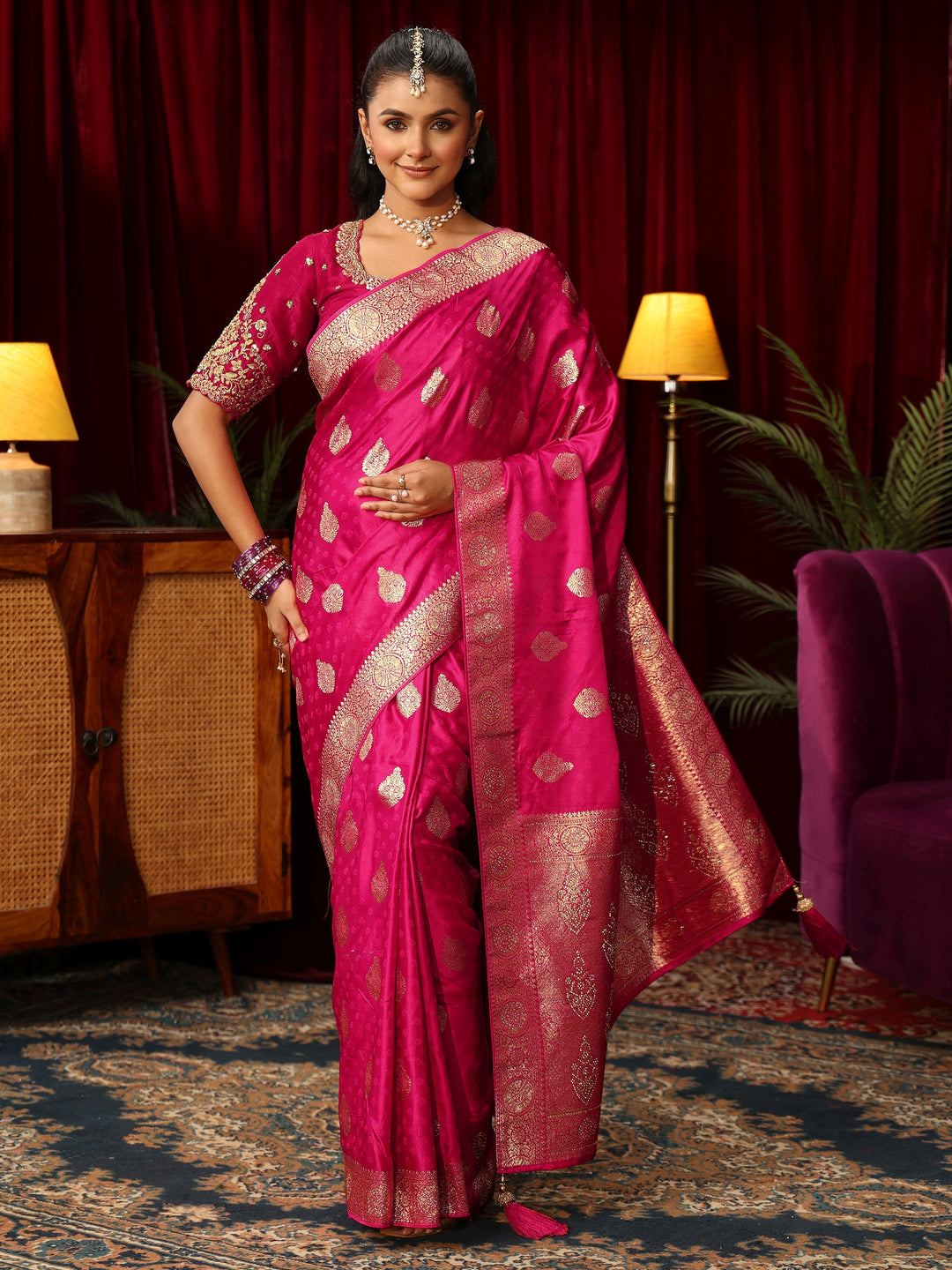 Libas Rani Pink Woven Design Satin Saree with Stone Work
