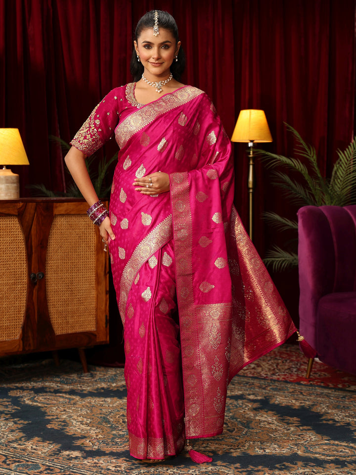Libas Rani Pink Woven Design Satin Saree with Stone Work