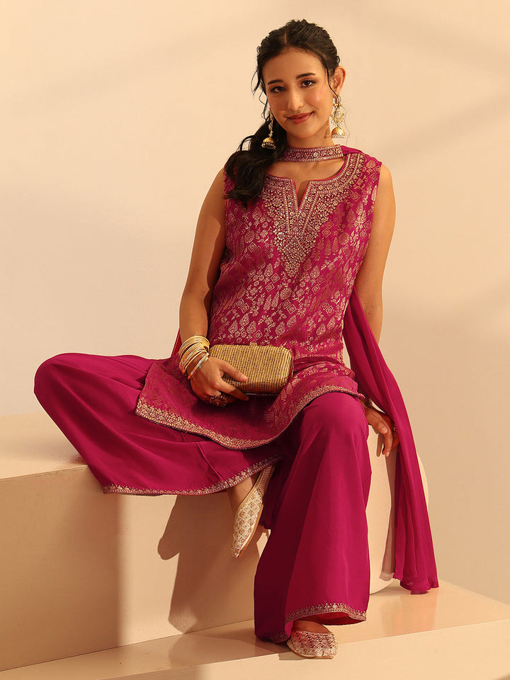 Libas Rani Pink Woven Design Silk Blend Palazzo Suit Set