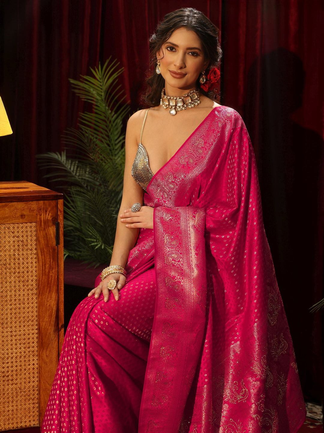 Libas Rani Pink Woven Design Silk Blend Saree