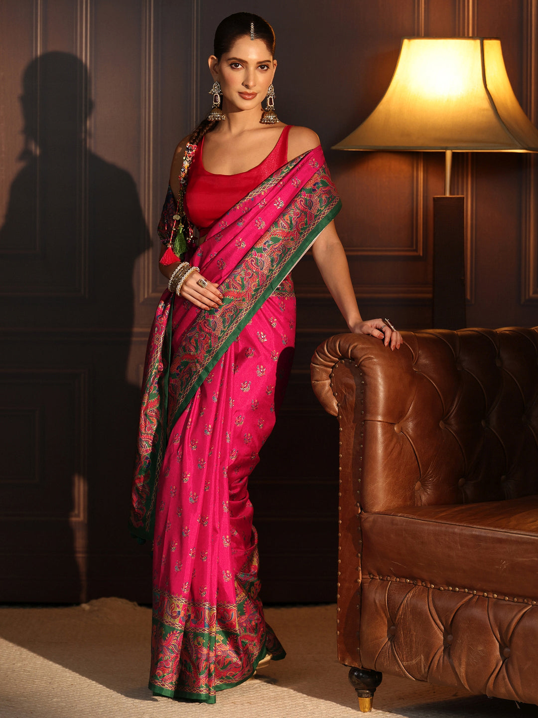 Libas Rani Pink and Green Peacock Printed Silk Blend Saree