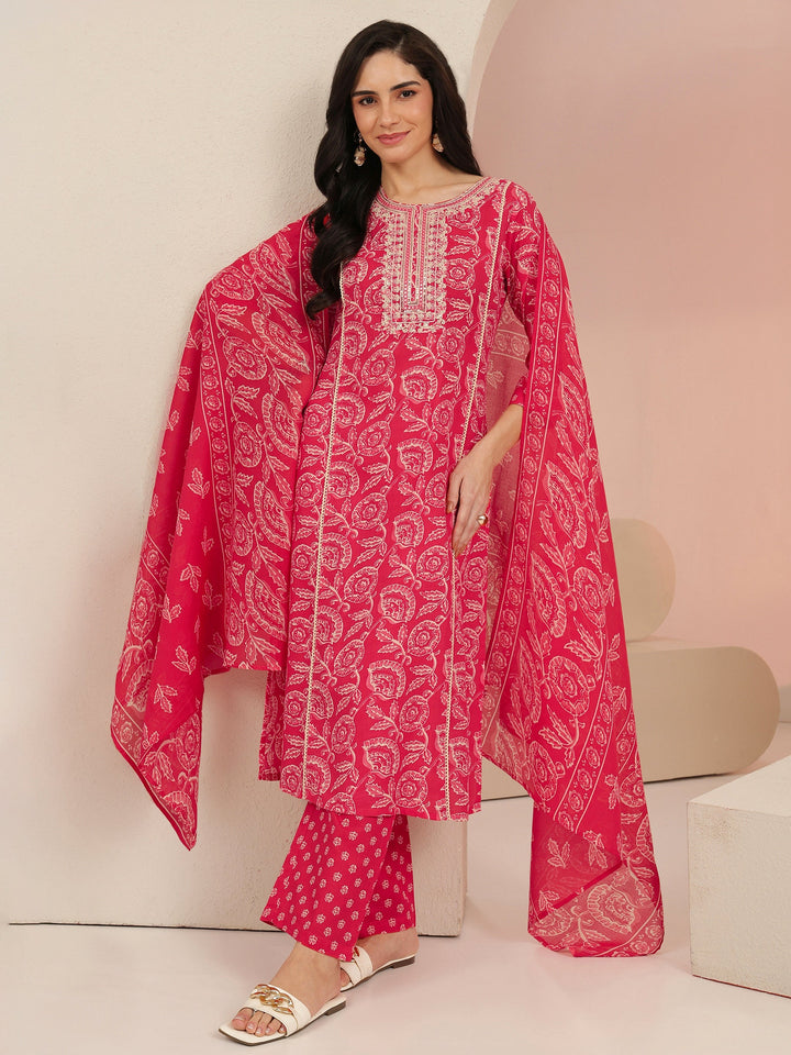 Libas Raspberry Red Floral Printed Cotton Straight Suit Set