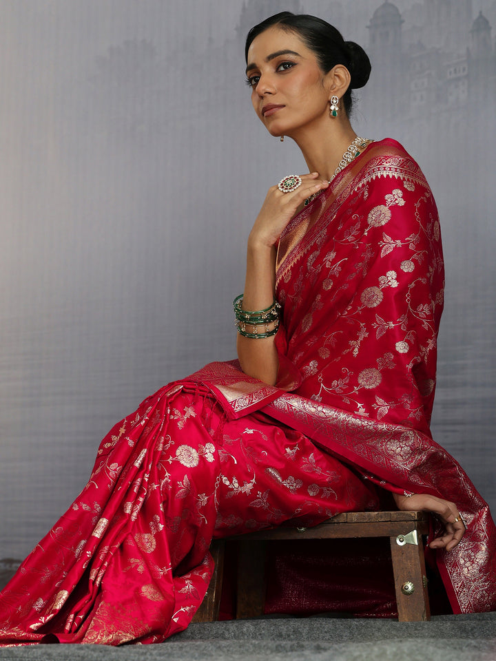 Libas Red Banarasi Satin Tassel Saree