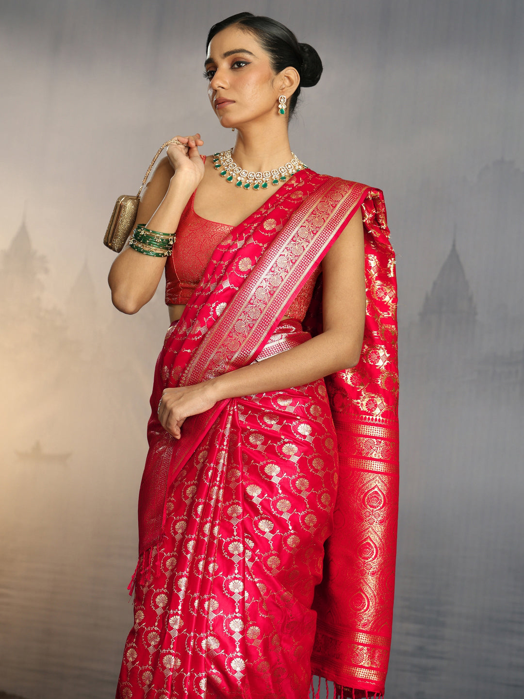 Libas Red Banarasi Satin Tassel Saree