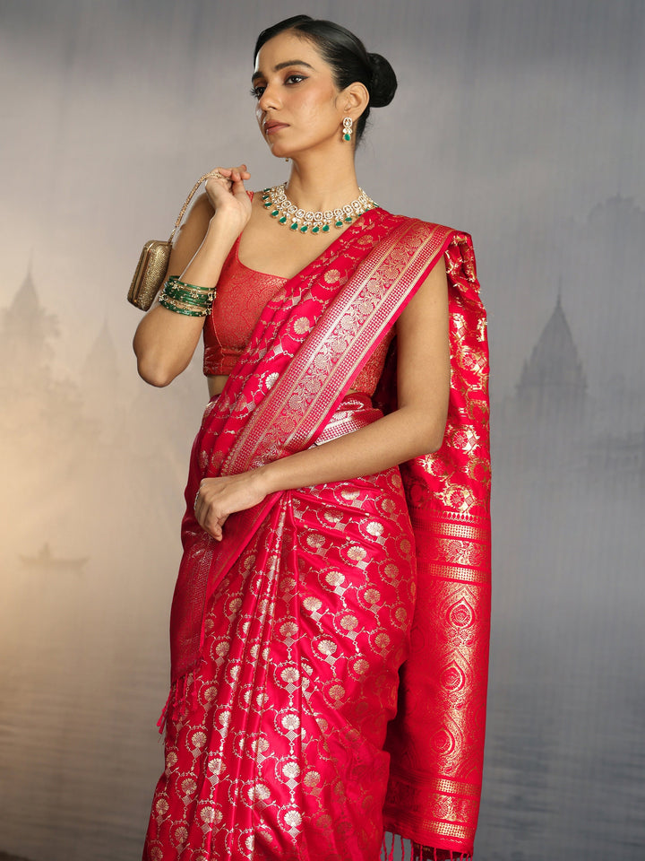 Libas Red Banarasi Satin Tassel Saree