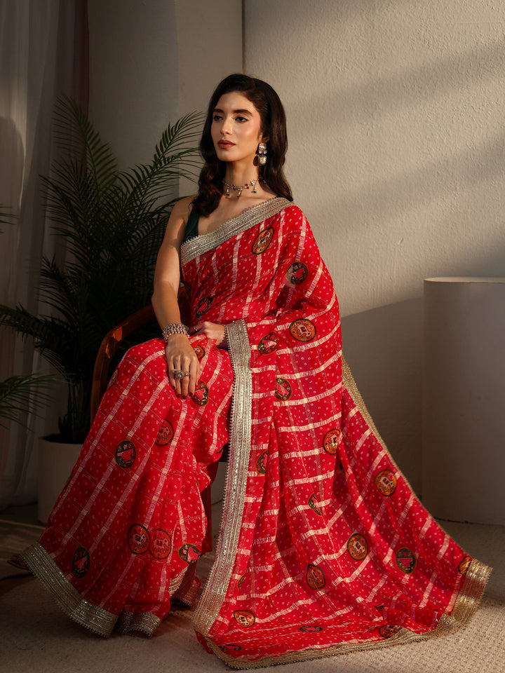 Libas Red Bandhani Printed Chiffon Saree with Gotta Patti Border