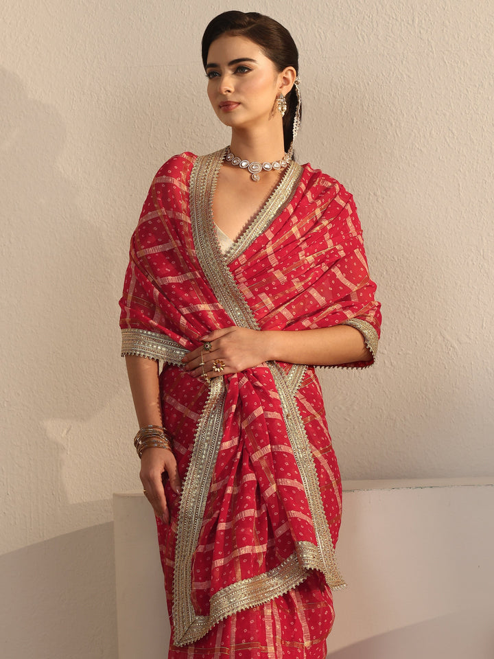 Libas Red Bandhani Printed Chiffon Saree with Gotta Patti Border
