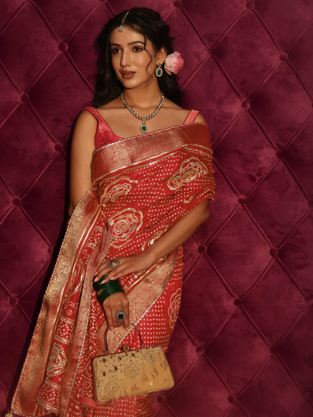 Libas Red Bandhani Printed Silk Blend Saree