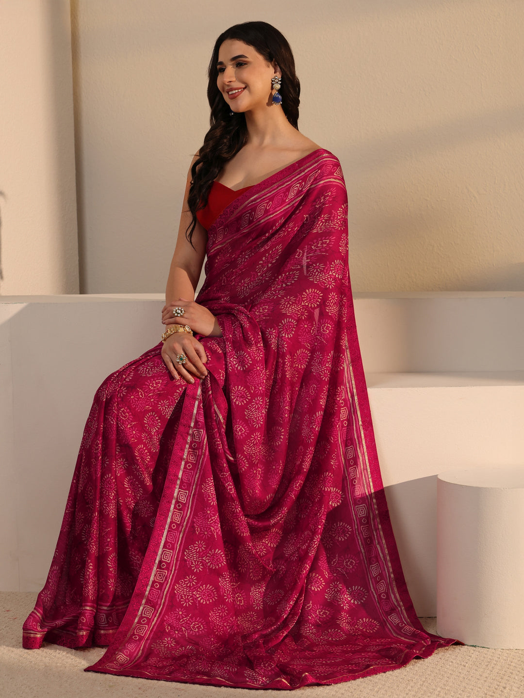Libas Red Block Printed Silk Blend Saree