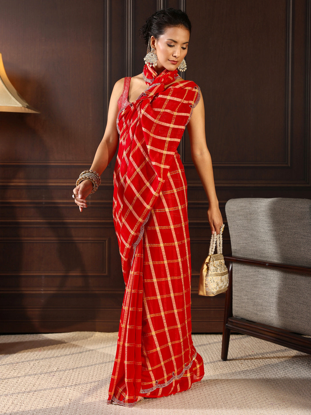 Libas Red Checkered Chiffon Saree
