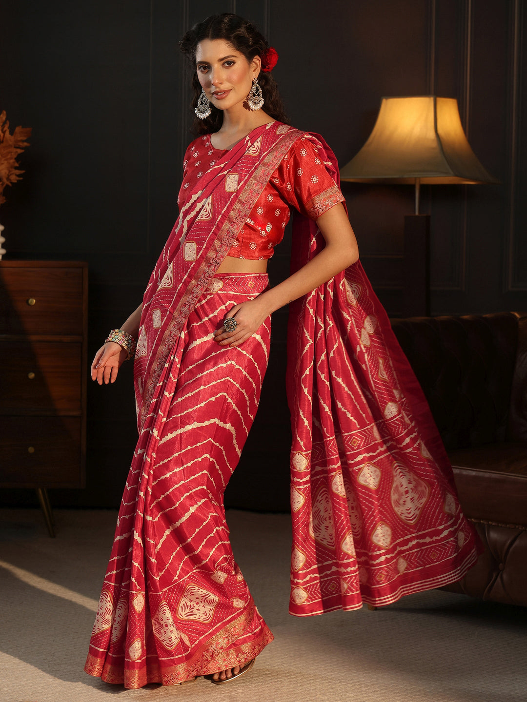 Libas Red Chevron Printed Silk Blend Saree