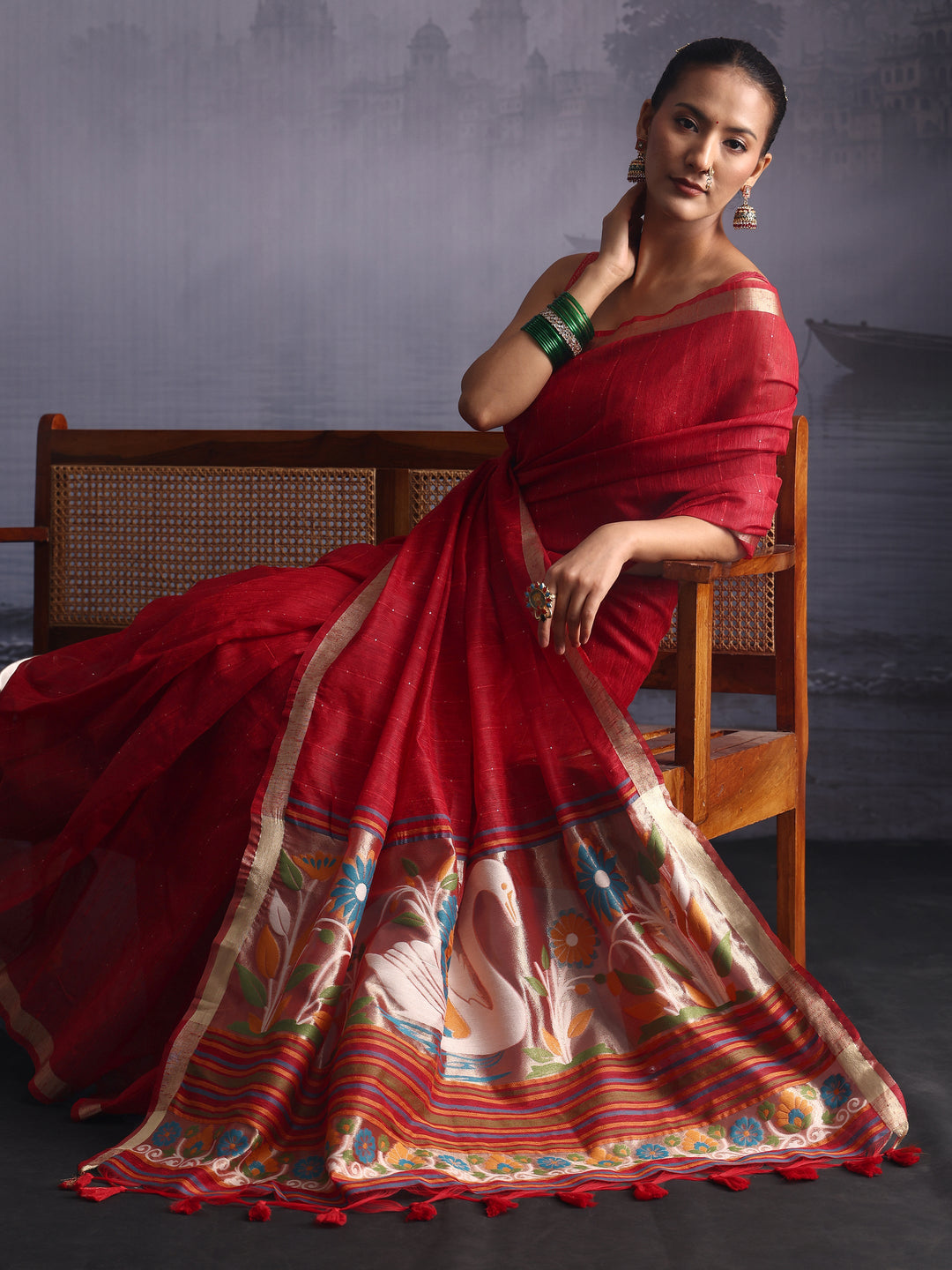 Libas Red Cotton Blend Saree with Floral Woven Design Pallu
