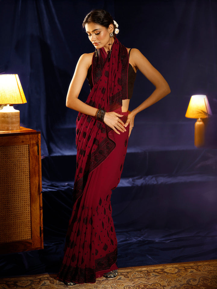 Libas Red Embroidered Georgette Saree