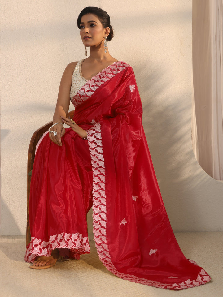 Libas Red Embroidered Satin Saree