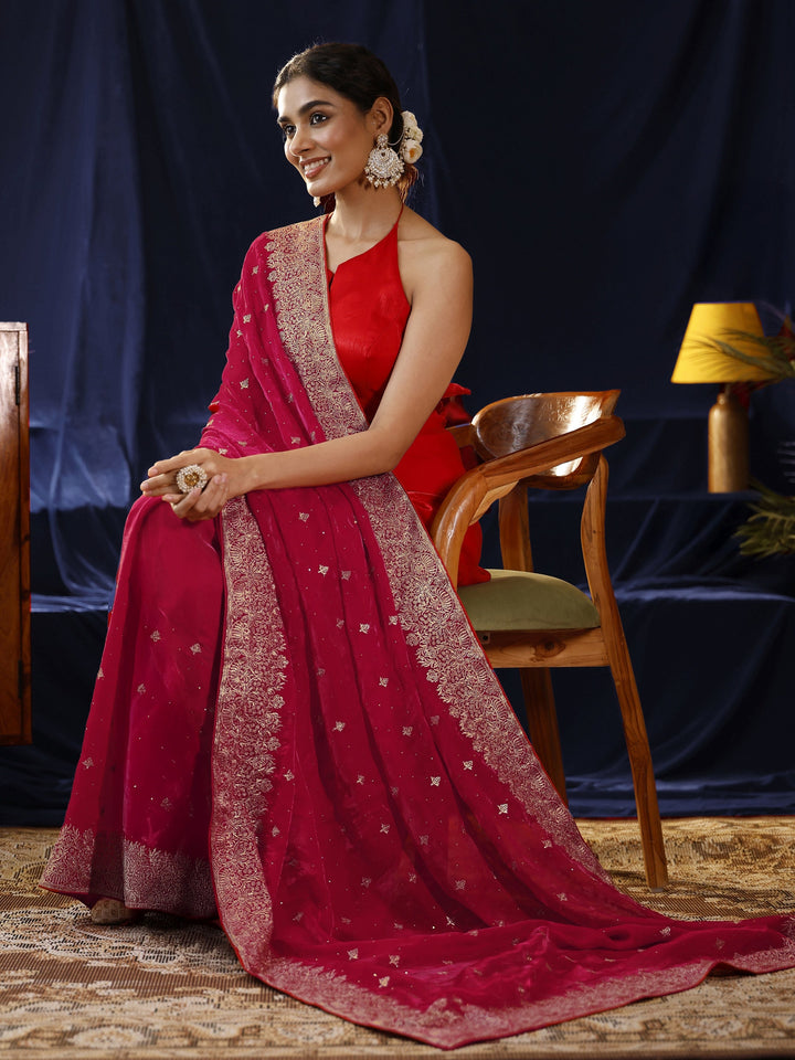 Libas Red Embroidered Tissue Saree