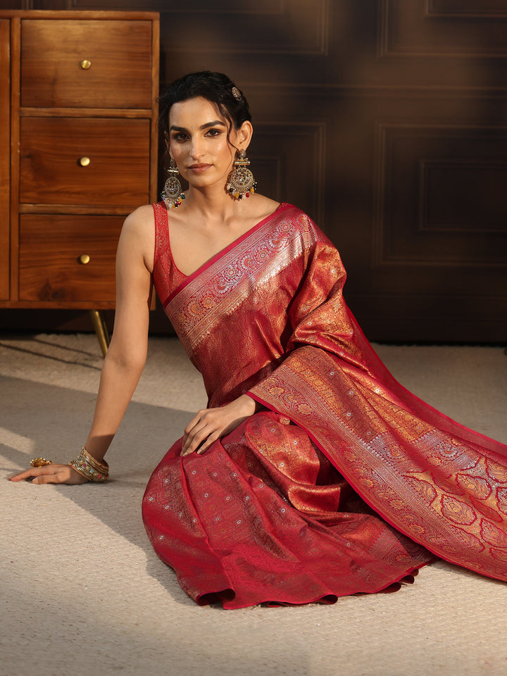 Libas Red Ethnic Woven Design Silk Blend Tassel Saree