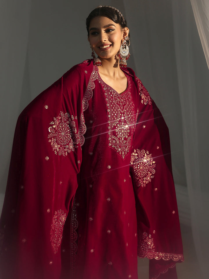 Libas Red Floral Embellished Velvet Straight Suit Set