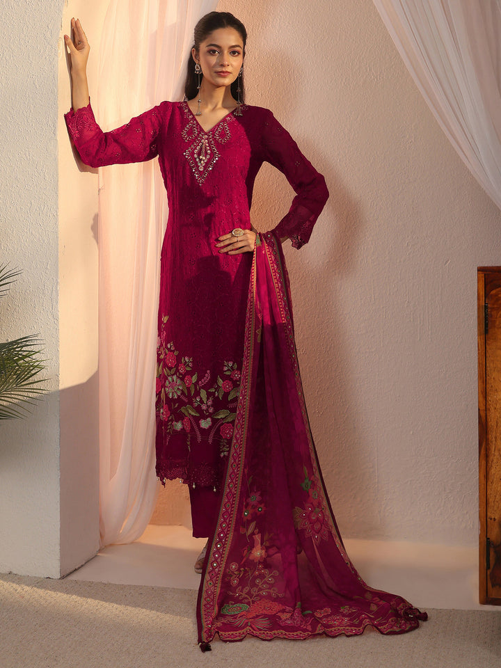 Libas Red Floral Embroidered Organza Straight Suit Set