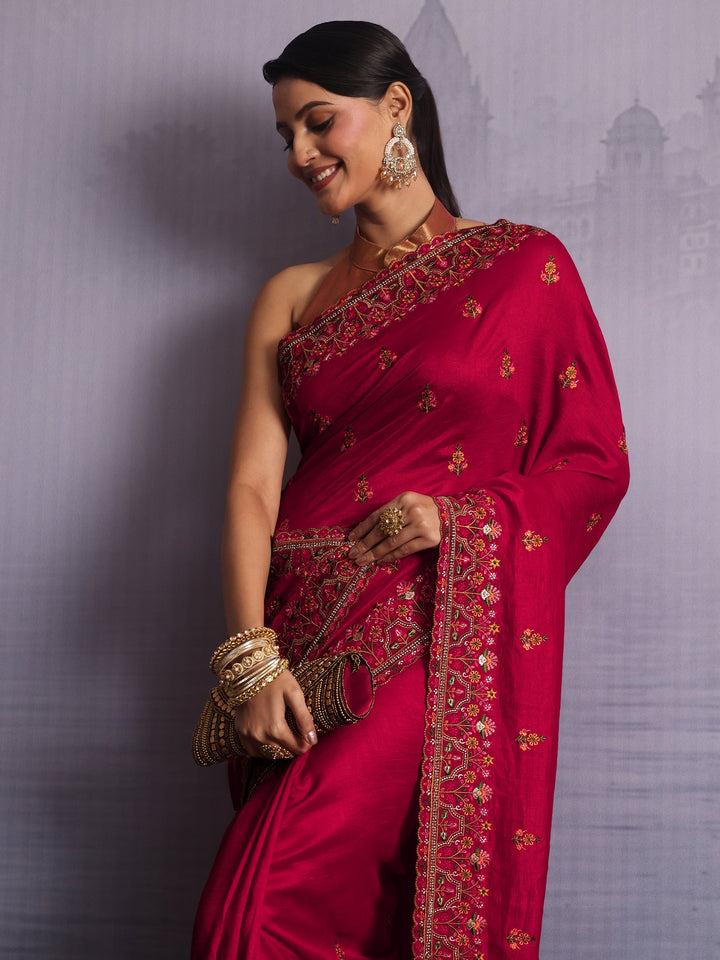 Libas Red Floral Embroidered Silk Blend Saree