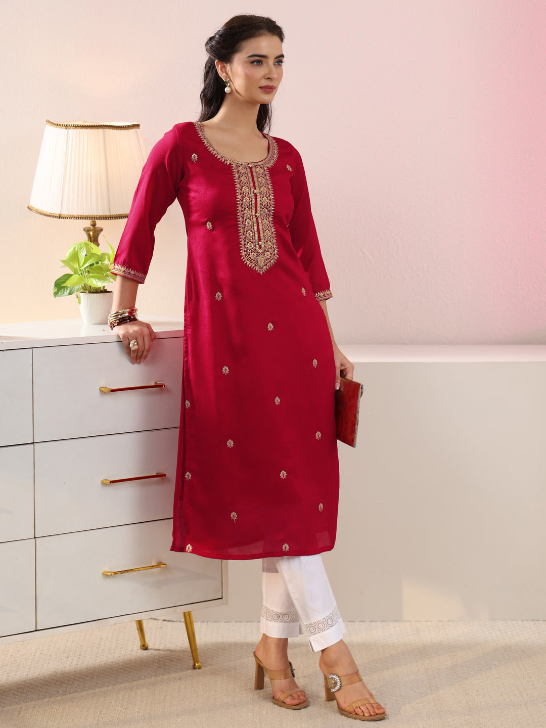 Libas Red Floral Embroidered Silk Blend Straight Kurta