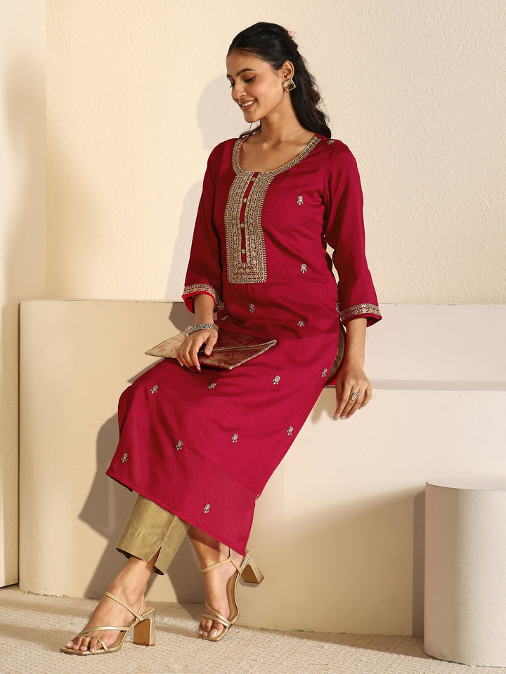 Libas Red Floral Embroidered Silk Blend Straight Kurta