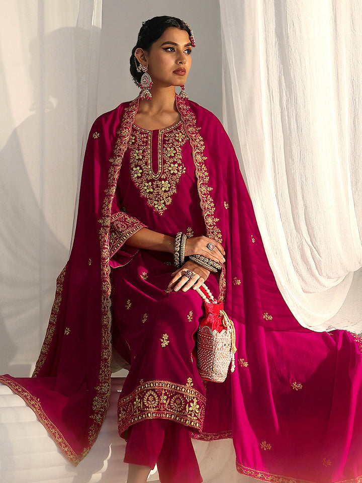 Libas Red Floral Embroidered Velvet Straight Suit Set