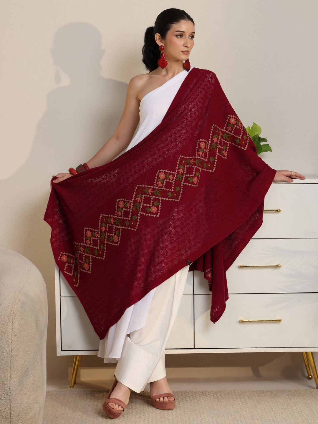 Libas Red Floral Knitted Acrylic Wrap Shawl