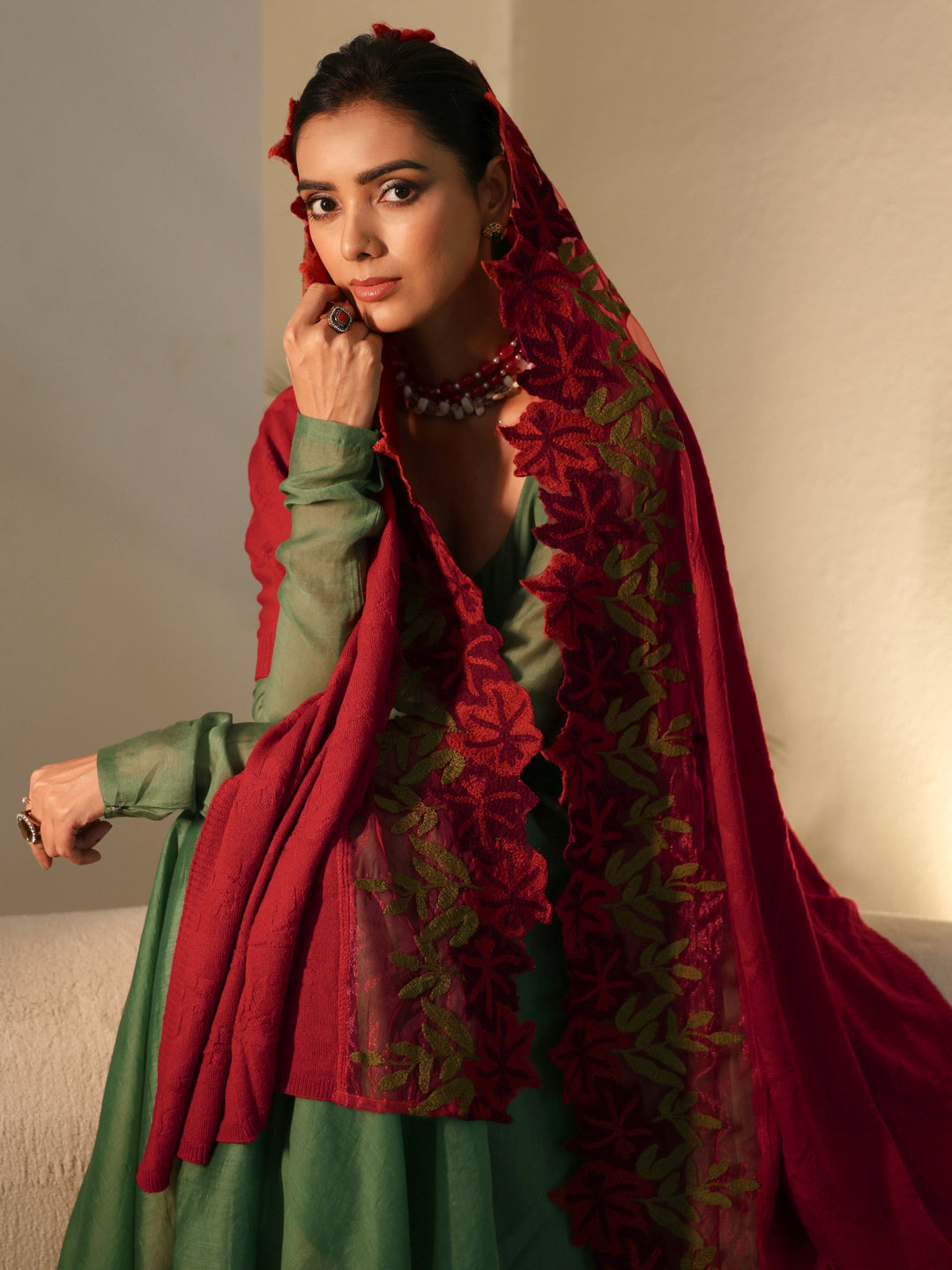 Libas Red Floral Knitted Acrylic Wrap Shawl