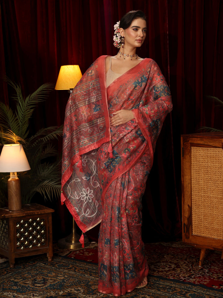 Libas Red Floral Printed Silk Blend Saree