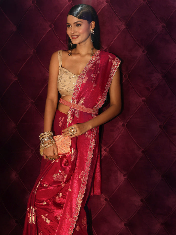 Libas Red Floral Printed Tissue Saree with Embellished Scalloped Border