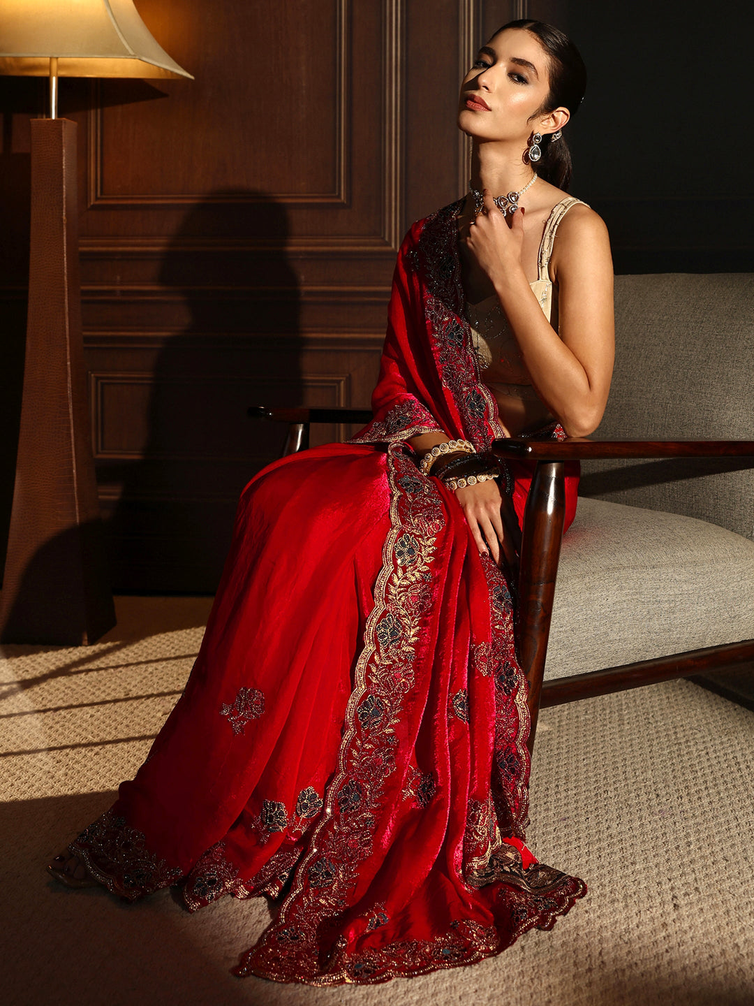 Libas Red Floral Stone Work Embellished Tissue Saree