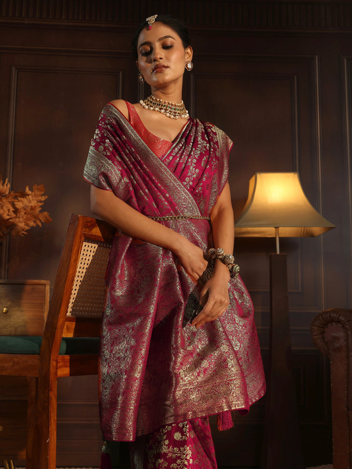 Libas Red Floral Woven Design Brocade Saree
