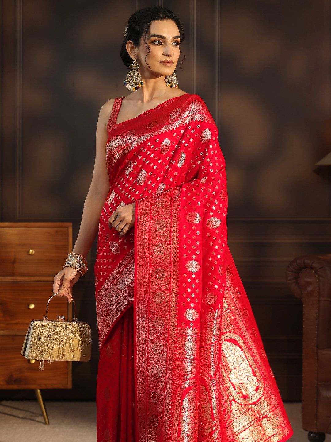 Libas Red Floral Woven Design Silk Blend Saree
