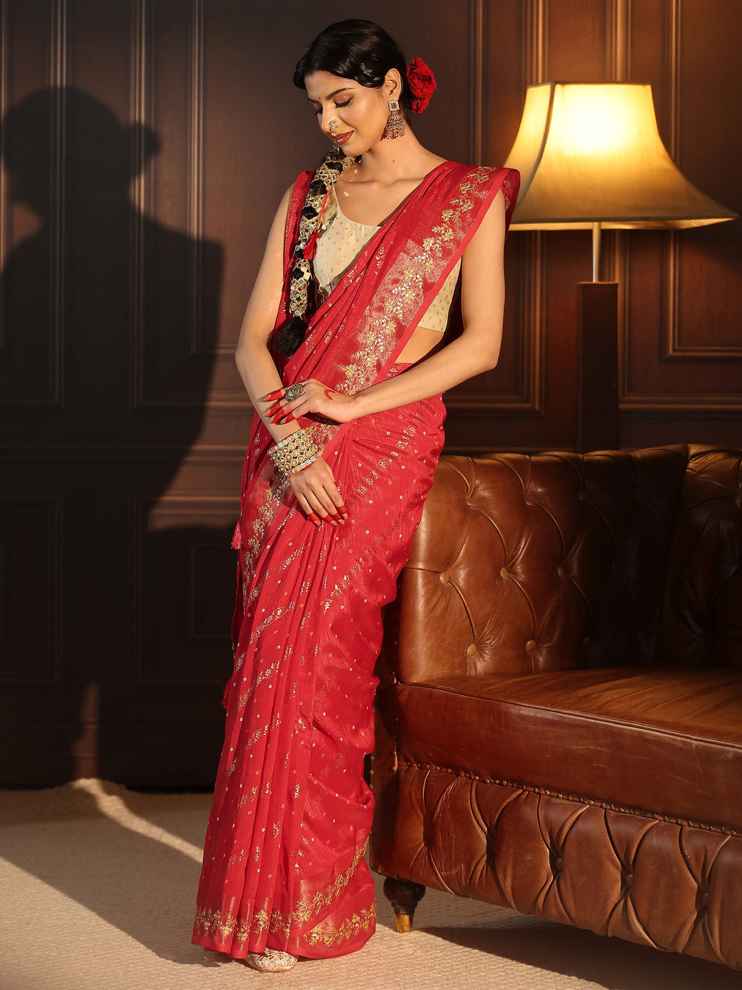 Libas Red Foil Printed Silk Blend Saree