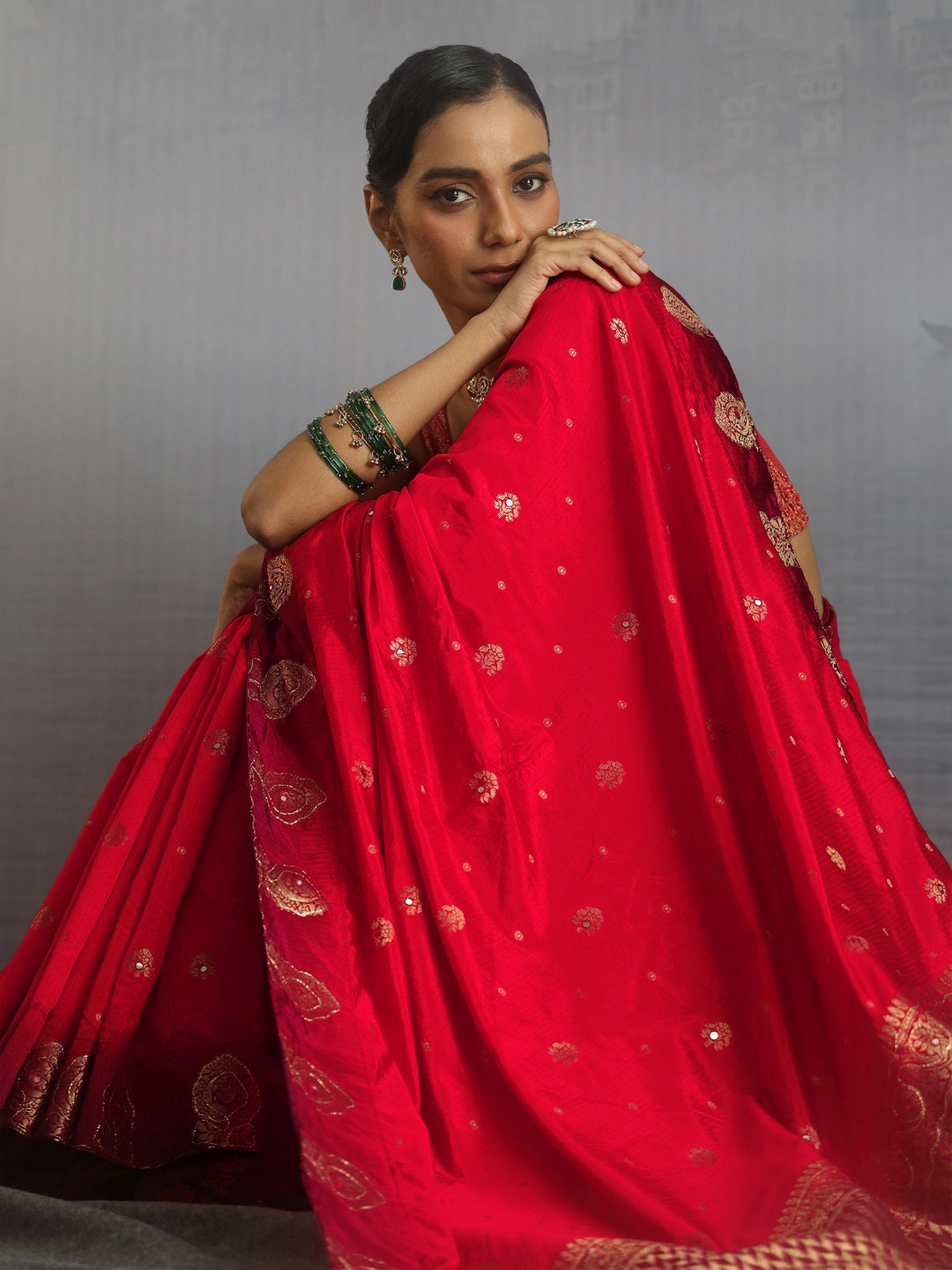 Libas Red Mirror Work Embellished Silk Blend Saree