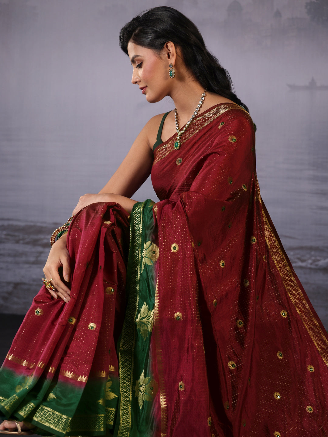 Libas Red Mirror Work Silk Blend Saree with Woven Floral Border