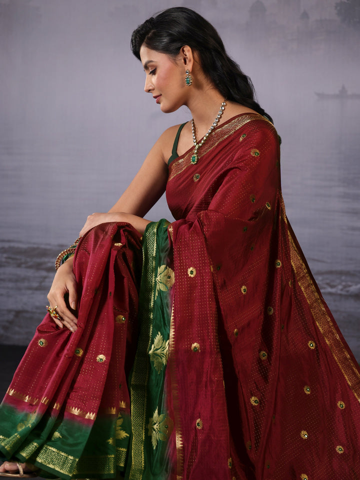 Libas Red Mirror Work Silk Blend Saree with Woven Floral Border