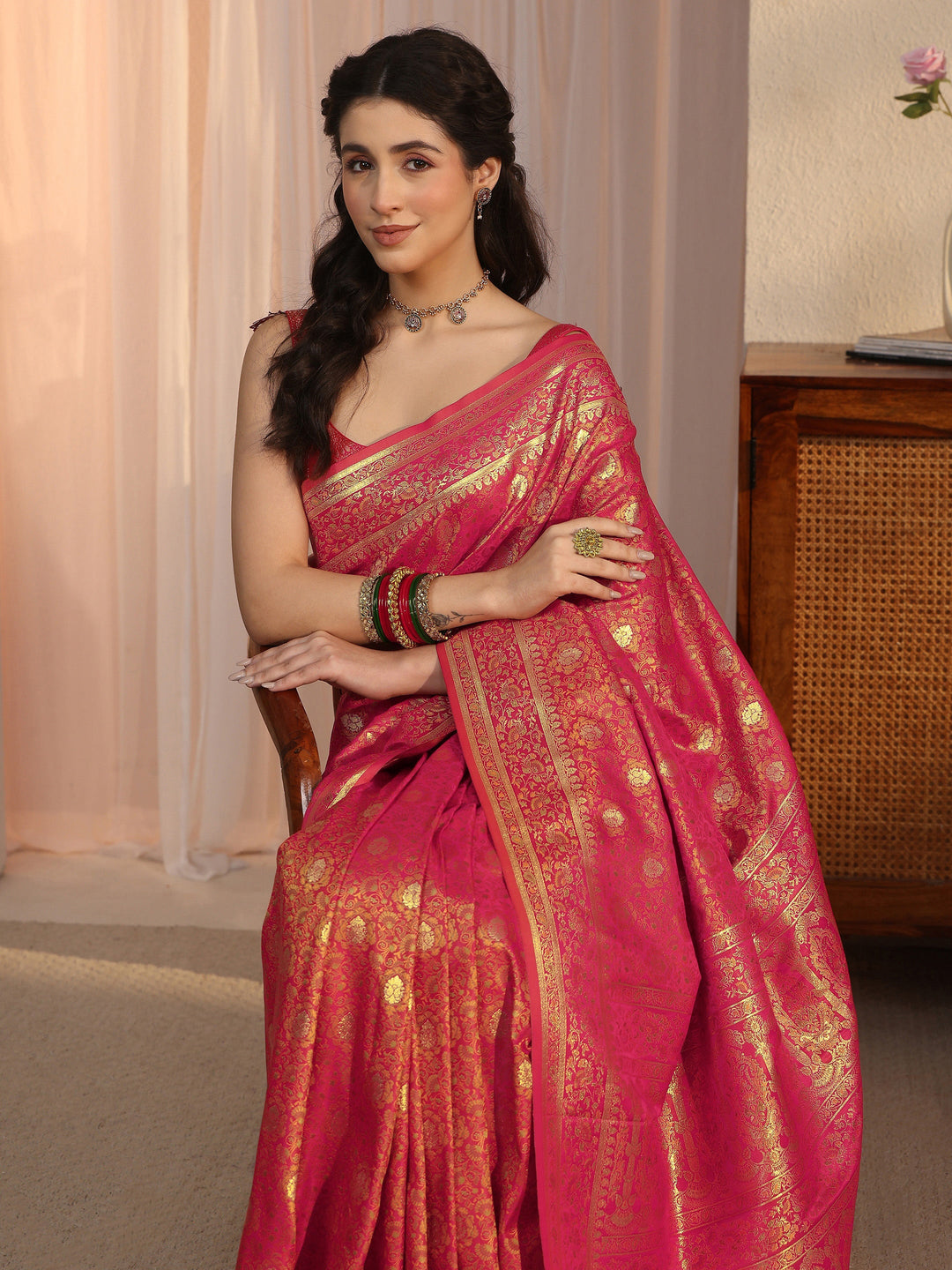 Libas Red Mughal Floral Woven Design Silk Blend Saree