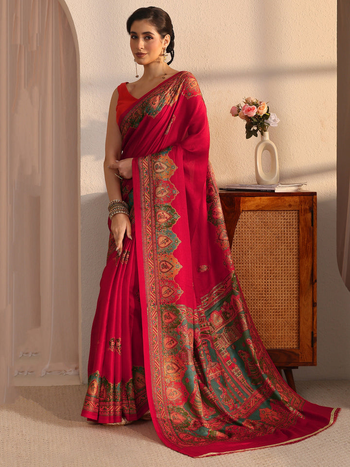 Libas Red Mughal Printed Silk Saree