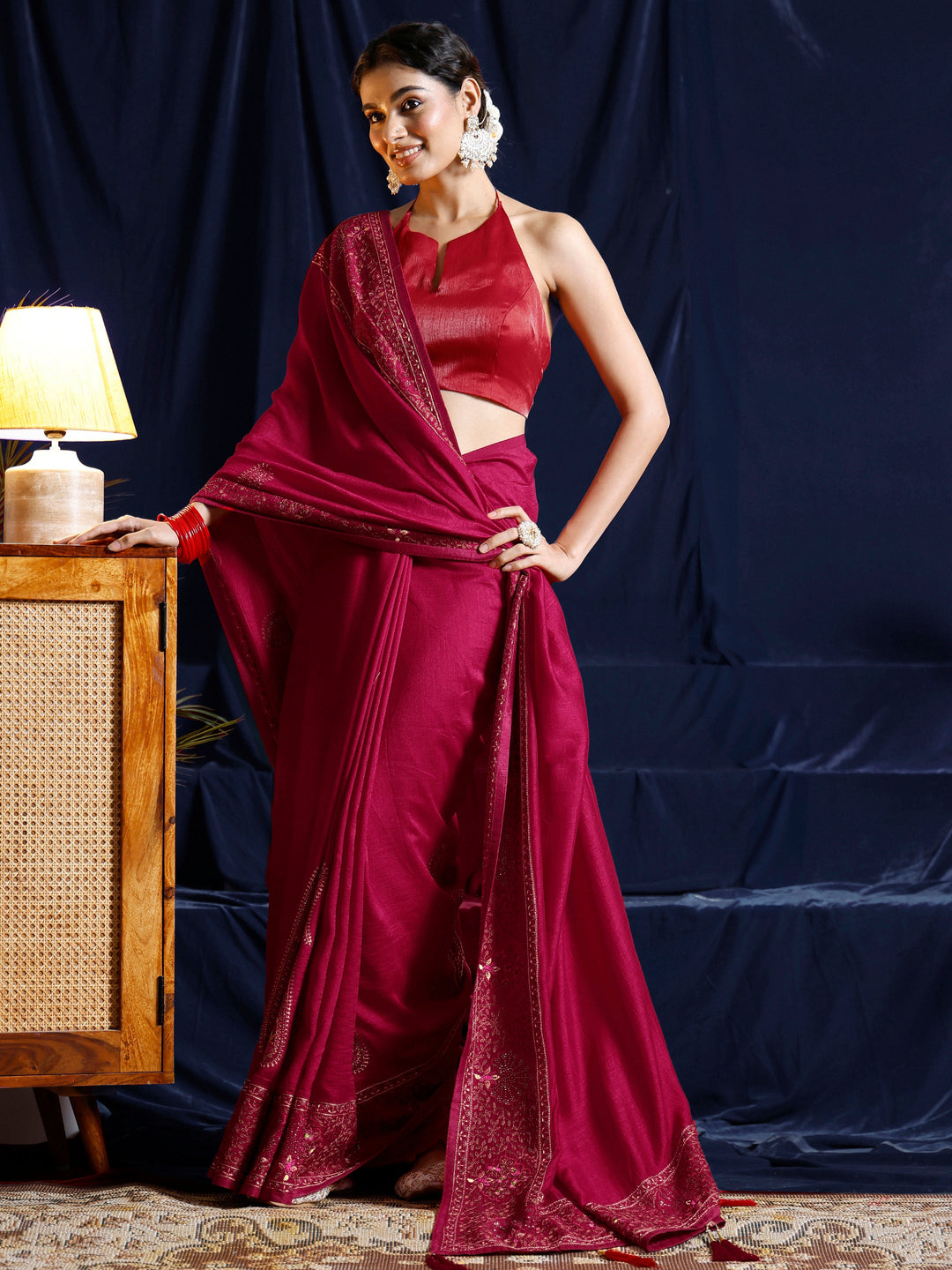 Libas Red Paisley Embroidered Silk Blend Saree