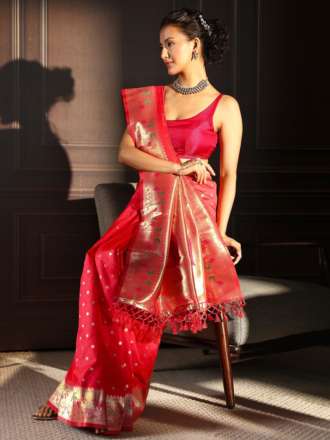 Libas Red Paithani Silk Blend Tassel Saree