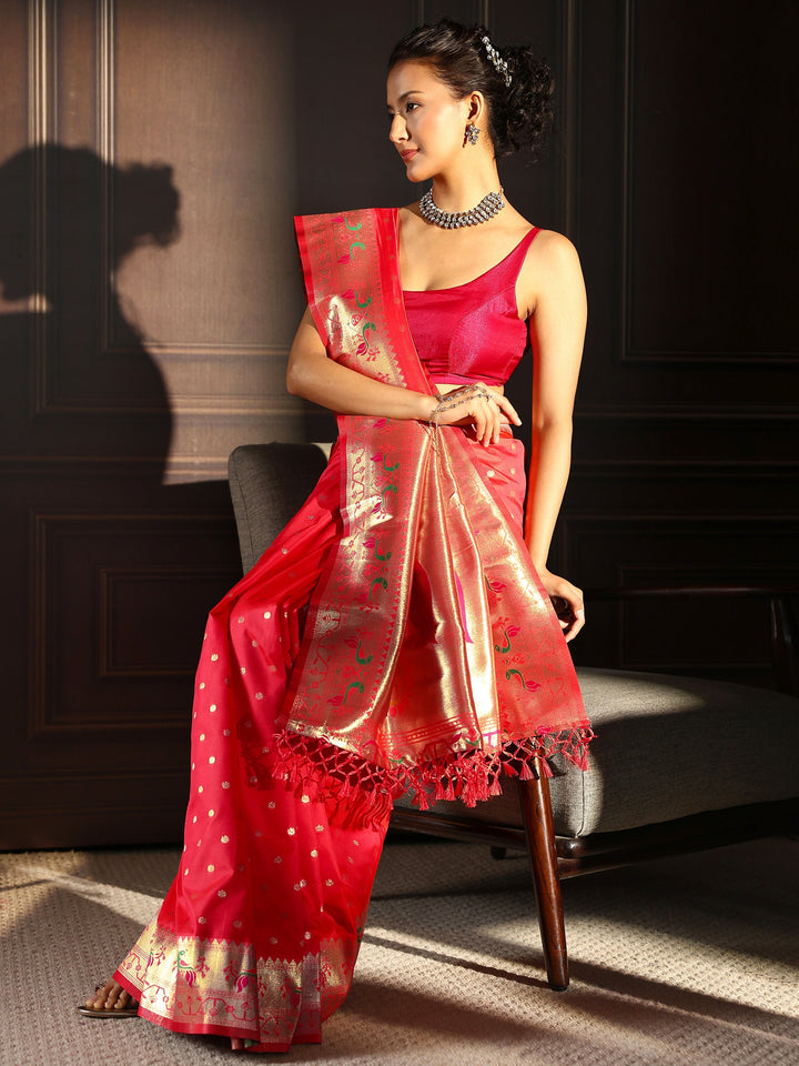 Libas Red Paithani Silk Blend Tassel Saree