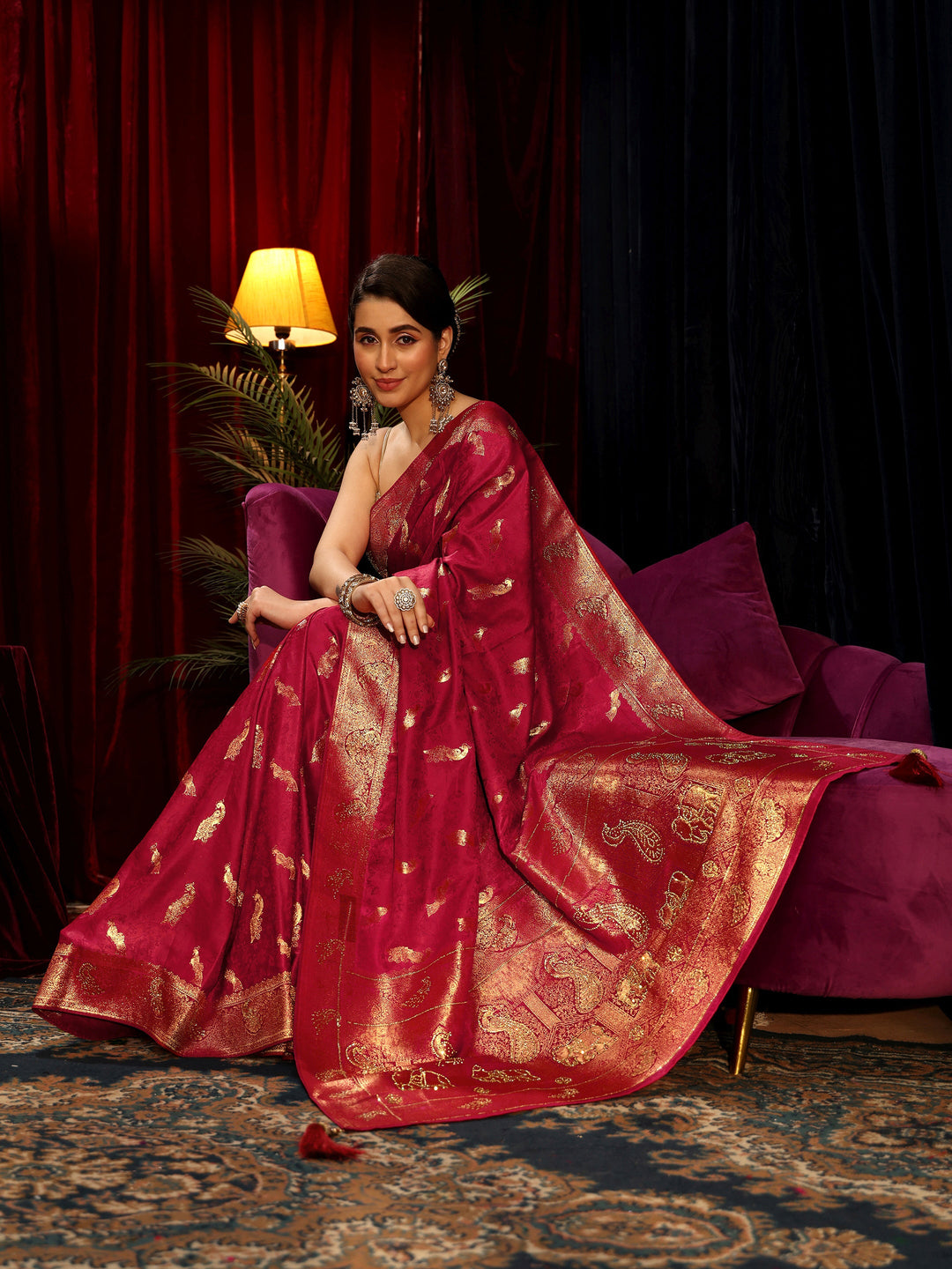 Libas Red Peacock Woven Design Embellished Silk Blend Saree