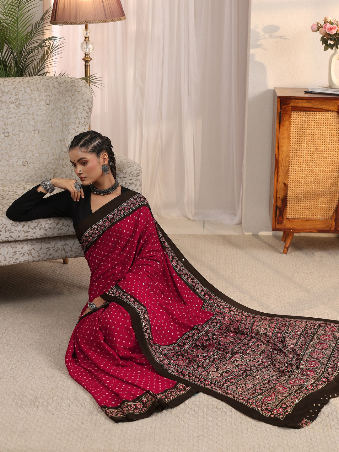 Libas Red Printed Mirror Work Satin Saree